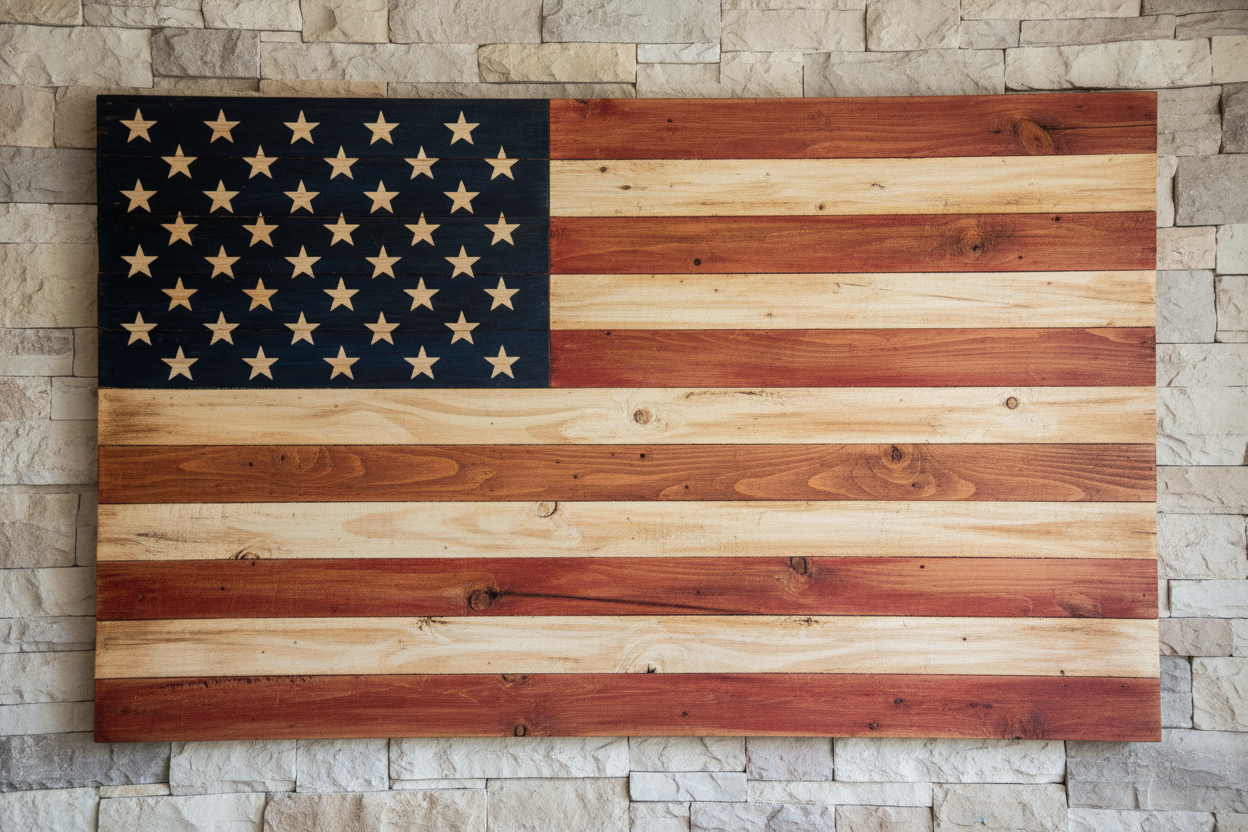 Custom handmade wooden Ft. McHenry flag with painted red, white, and blue stripes and stars